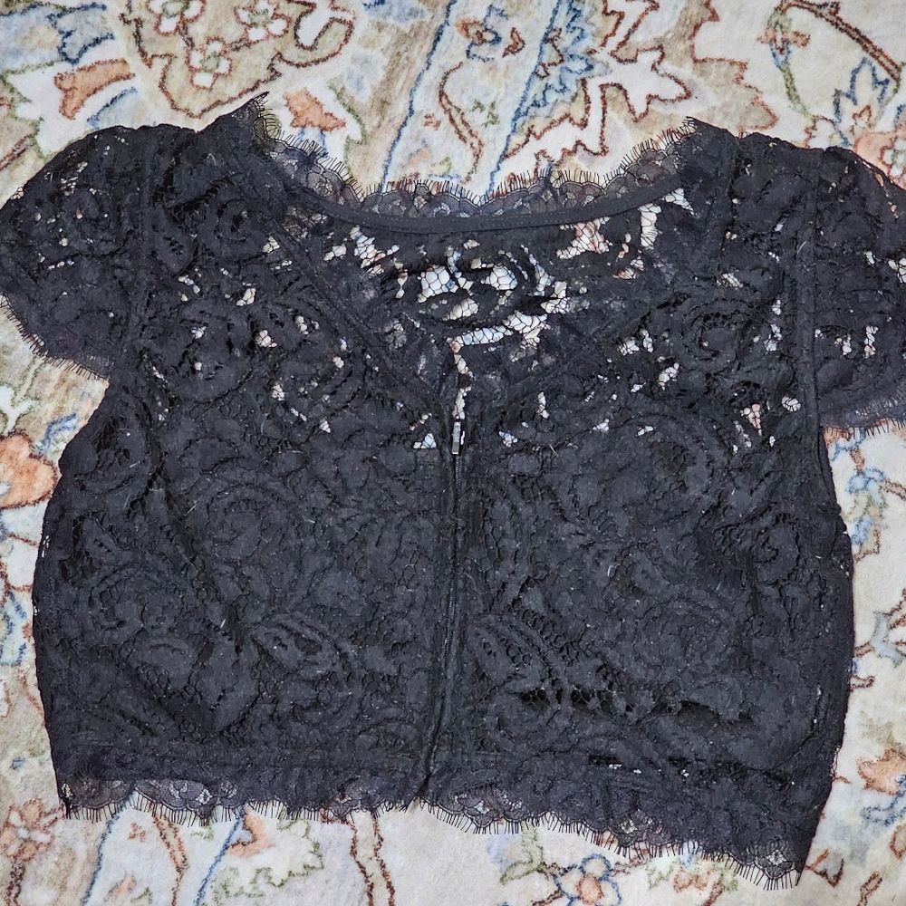 Adrianna Papell Black Cap Sleeve Lace Crop Top Blouse 8 Whimsygoth Ren Faire